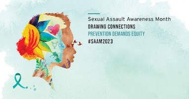 Two people in profile with bright shapes of a heart, flowers, and growing plants contained in their profiles. Title reads Sexual Assault Awareness Month Drawing Connections Prevention Demands Equity #SAAM2023